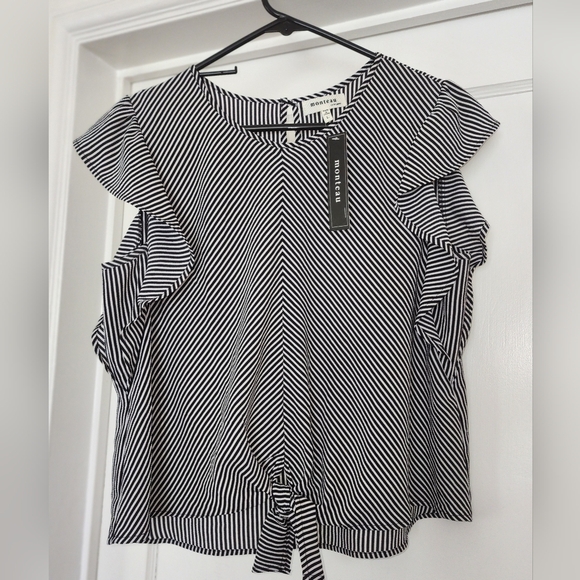 Monteau Black and White Stipe Flutter Sleeve, Sz L - Picture 1 of 12